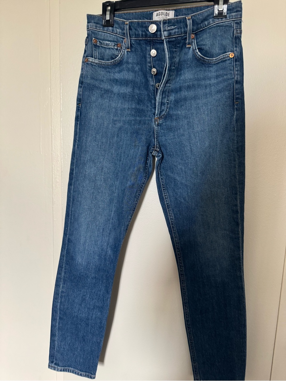 Agolde Dark Blue Slim Straight Jeans with Button Fly